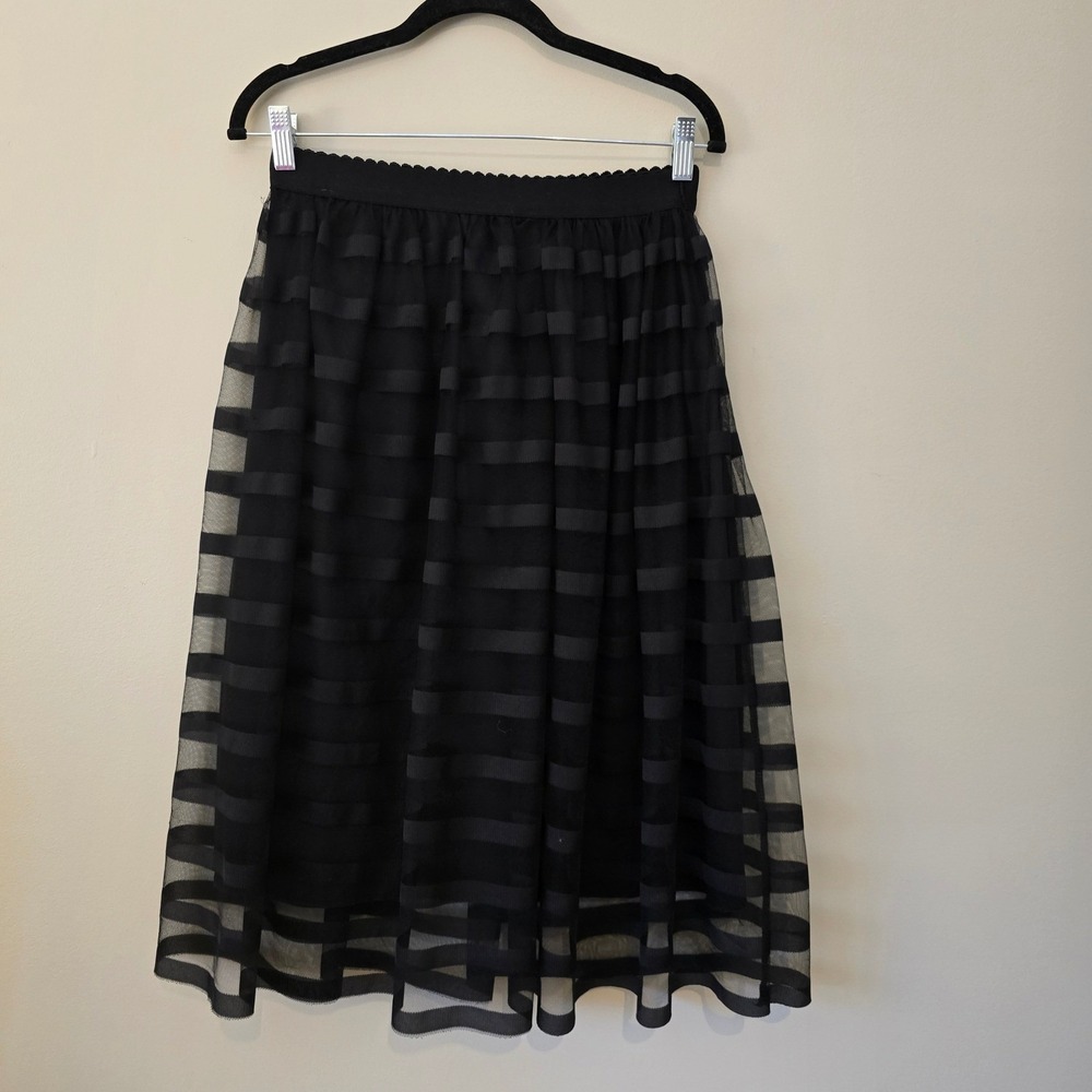 Metrowear Black Striped Mesh Midi Skirt Petite Small Elastic Waist Tulle A-Line